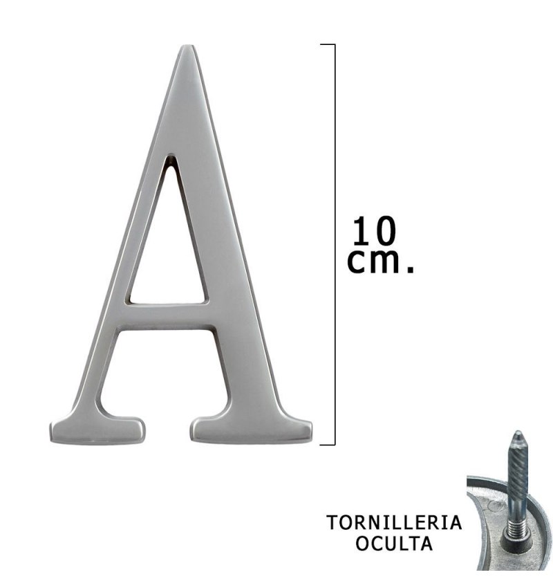 Letra Metal "A" Plateada Mate 10 cm. con Tornilleria Oculta (Blister 1 Pieza)