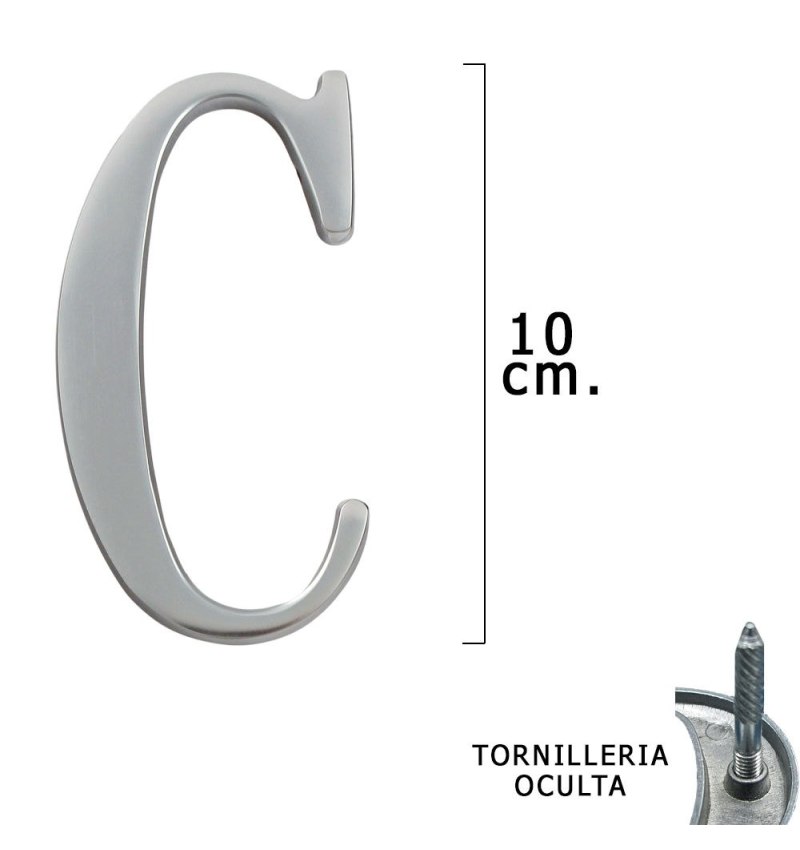 Letra Metal "C" Plateada Mate 10 cm. con Tornilleria Oculta (Blister 1 Pieza)