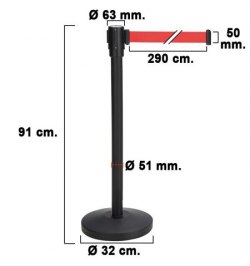 Poste Separador Cinta Extensible 3 Metros. Ø Base 32 cm. Ø Tubo 5,1 cm.   Altura 91 cm.