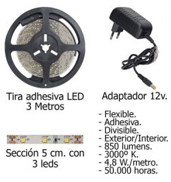 Tira LED Adhesiva con 180 leds 14,4 W 12 V. 3000 ºK Luz Calida Ip 65 3 metros.