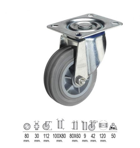 Rueda Industrial Goma Gris Placa  80mm