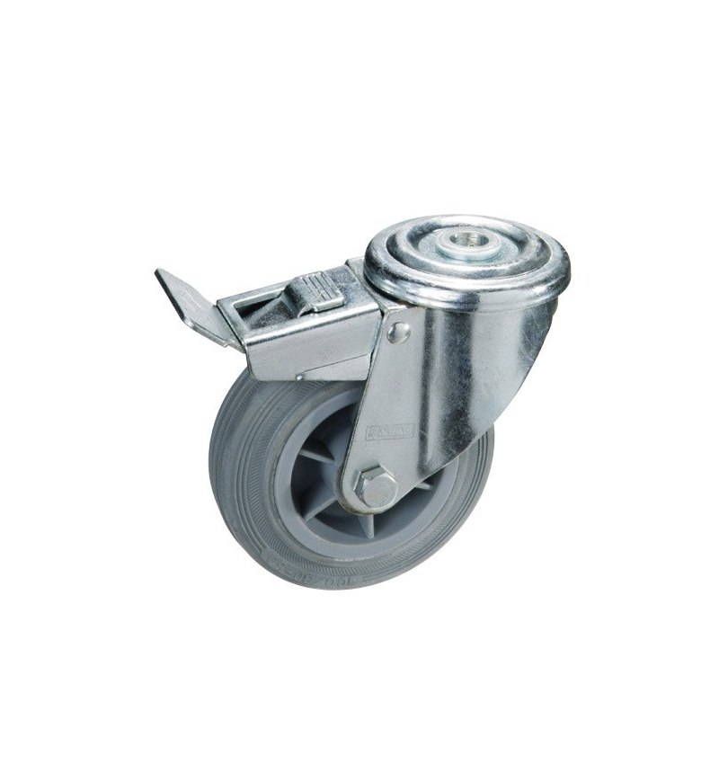 Rueda Industrial Goma Gris Pasante con freno  80mm
