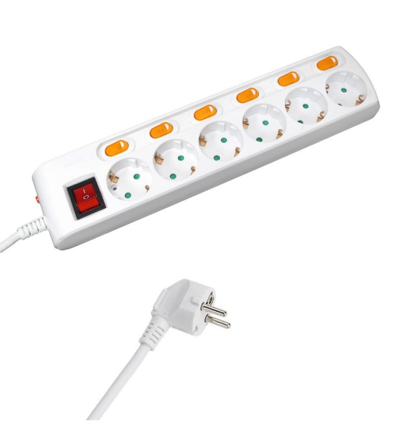 Base Multiple  6 Tomas Con Toma De Tierra Con 1 Interruptor General y 6 Independientes