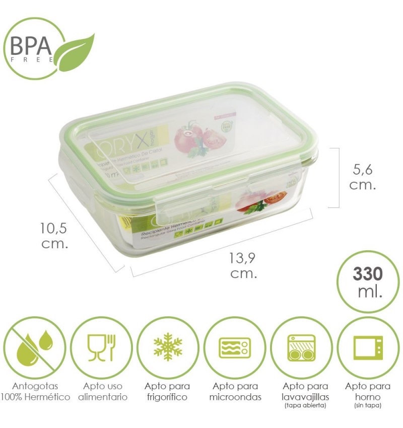 Recipiente Hermetico Cristal Rectangular  330 ml. 13.9 x 10.5 x 5.6 (alt) cm.