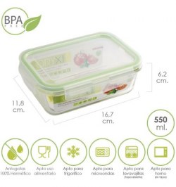 Recipiente Hermetico Cristal Rectangular 550 ml. 16.7 x 11.8 x 6.2 (alt) cm.