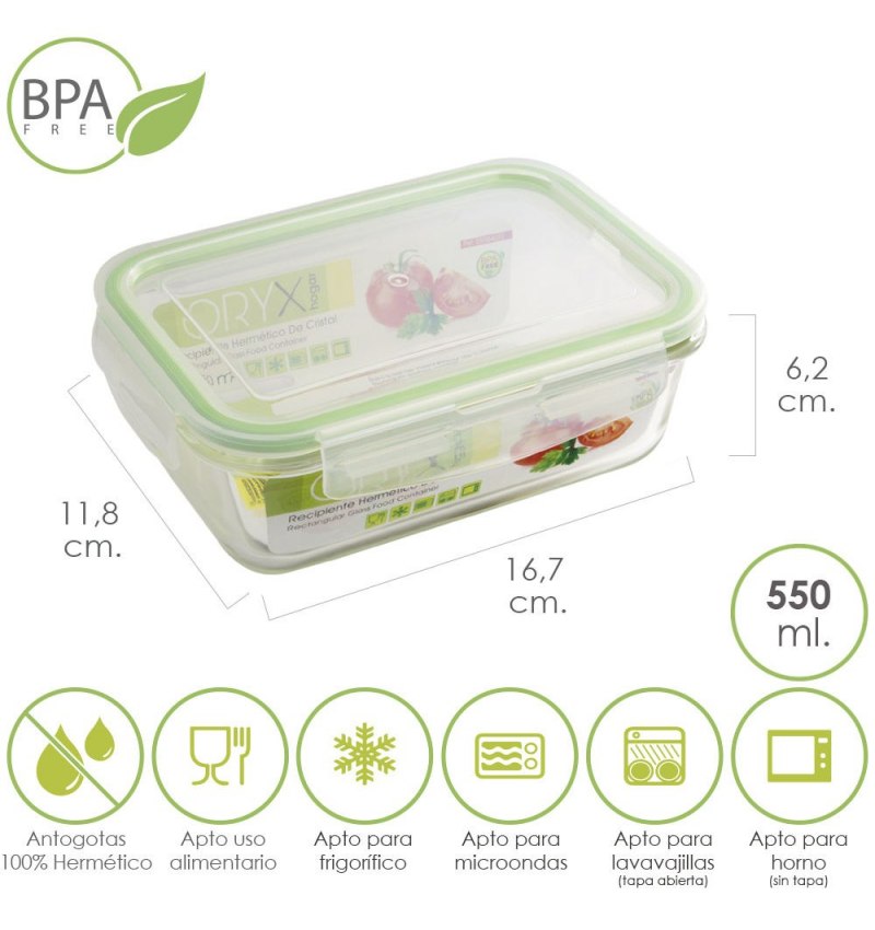 Recipiente Hermetico Cristal Rectangular 550 ml. 16.7 x 11.8 x 6.2 (alt) cm.