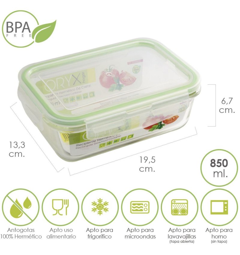 Recipiente Hermetico Cristal Rectangular 850 ml. 19.5 x 13.3 x 6.7 (alt) cm.