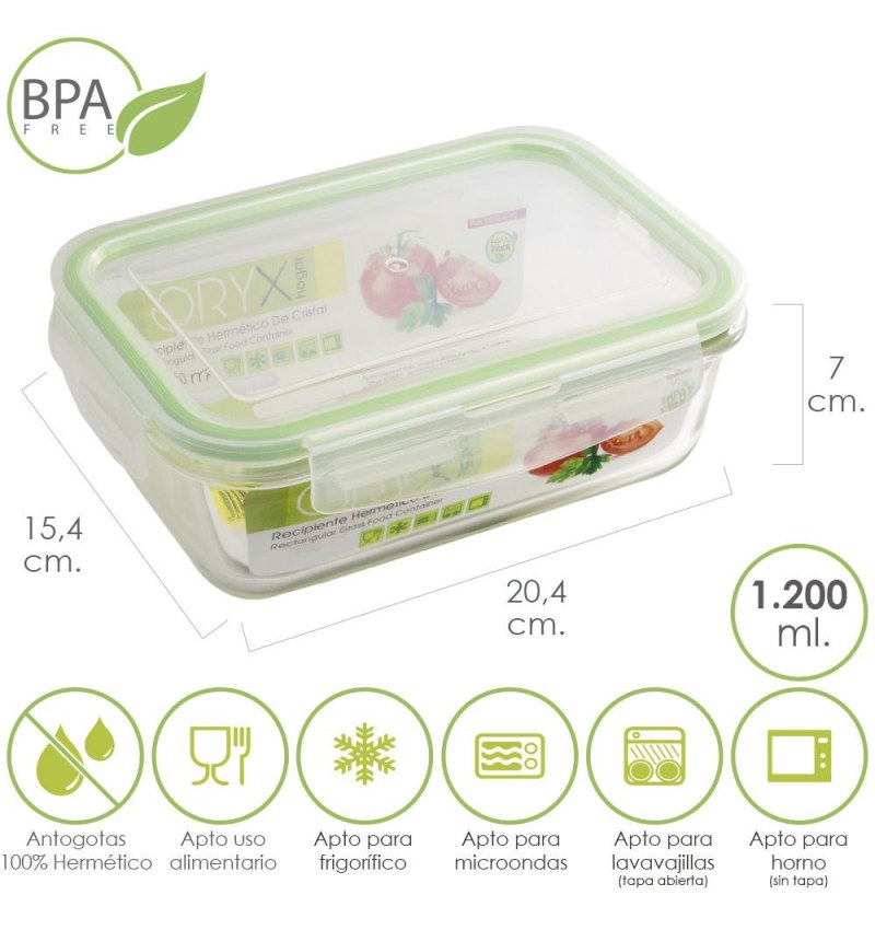 Recipiente Hermetico Cristal Rectangular 1200 ml. 20.4 x 15.4 x 7 (alt) cm. Recipiente Hermetico Cristal Rectangular 1200 ml. 20.4 x 15.4 x 7 (alt) cm.