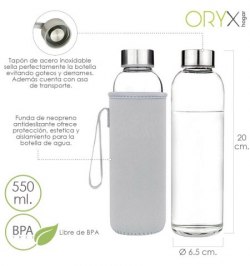 Botella Agua Cristal 550 ml. Funda Neopreno con Asa. Sin BPA