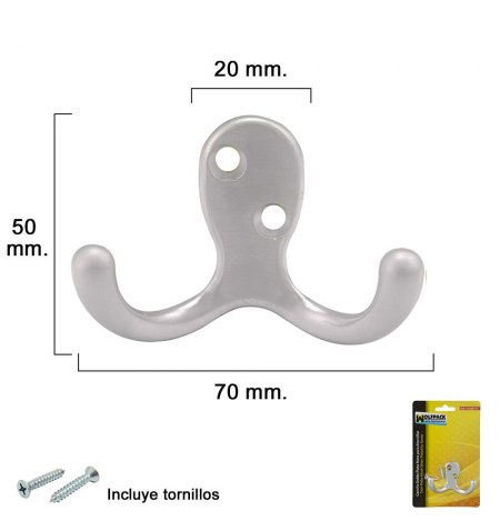 Gancho Doble Plata Mate Para Atornillar con tornillos incluidos.