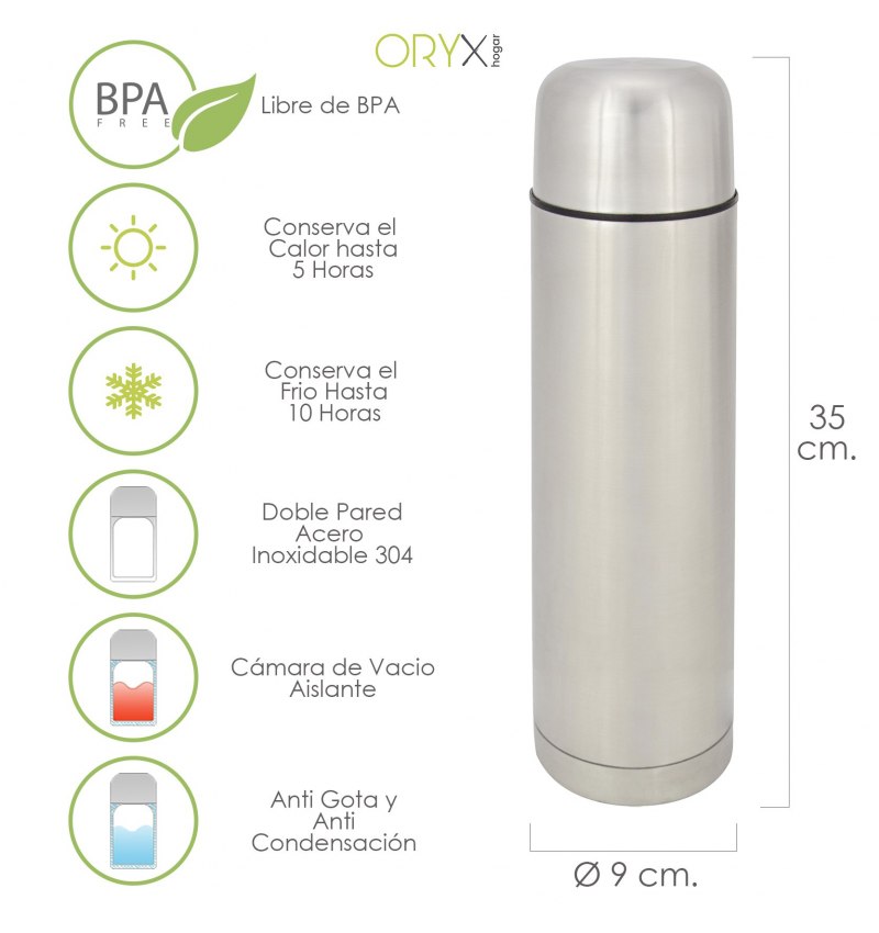 Termo Liquidos, Capacidad 1 Litro, Libre BPA, Acero Inoxidable, Antigoteo