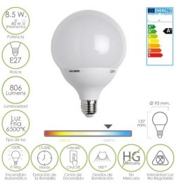 Bombilla Led Globo E27 8,5 W. 60 W. 806 lúmenes. Luz Fria (6500º K)