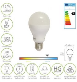 Bombilla Led Standar E27. 15 W. igual 120 W. 1520 lúmenes. Luz Fria (6500º K)