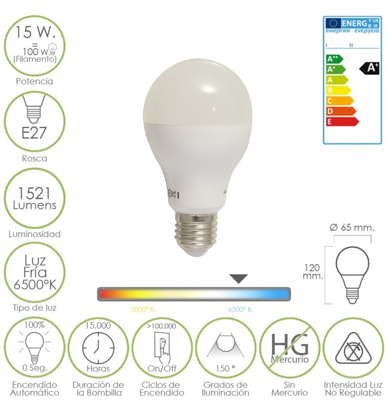 Bombilla Led Standar E27. 15 W. igual 120 W. 1520 lúmenes. Luz Fria (6500º K)