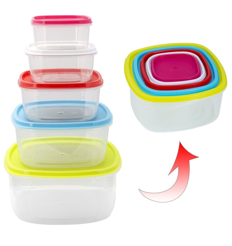 Fiambreras Plástico Cuadradas 220 / 350 / 600 / 1200 / 2000 ml. (Set 5 piezas)