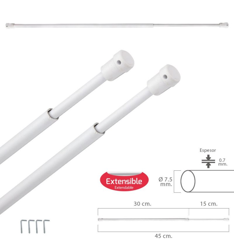 Barra Visillo Extensible 30/45 cm. Con Soporte, Sin Muelle (2 piezas)