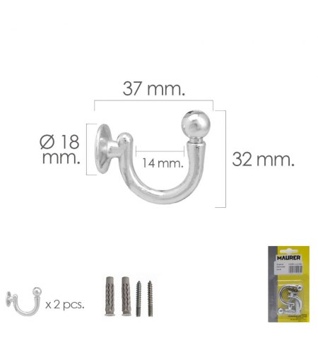 Gancho Cromado Atornillabe 37 mm. Con tacos y tornillos (Blister 2 piezas)
