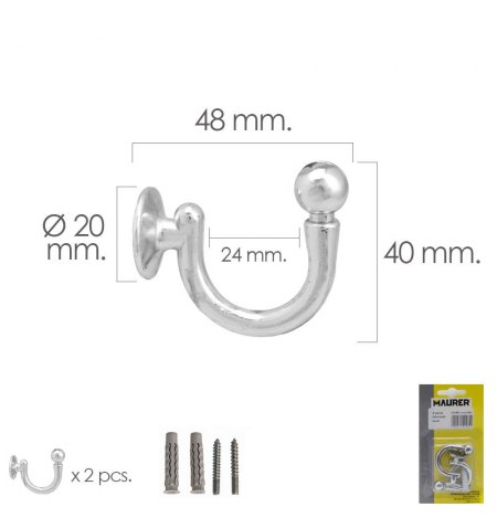 Gancho Cromado Atornillabe 48 mm. Con tacos y tornillos (Blister 2 piezas)
