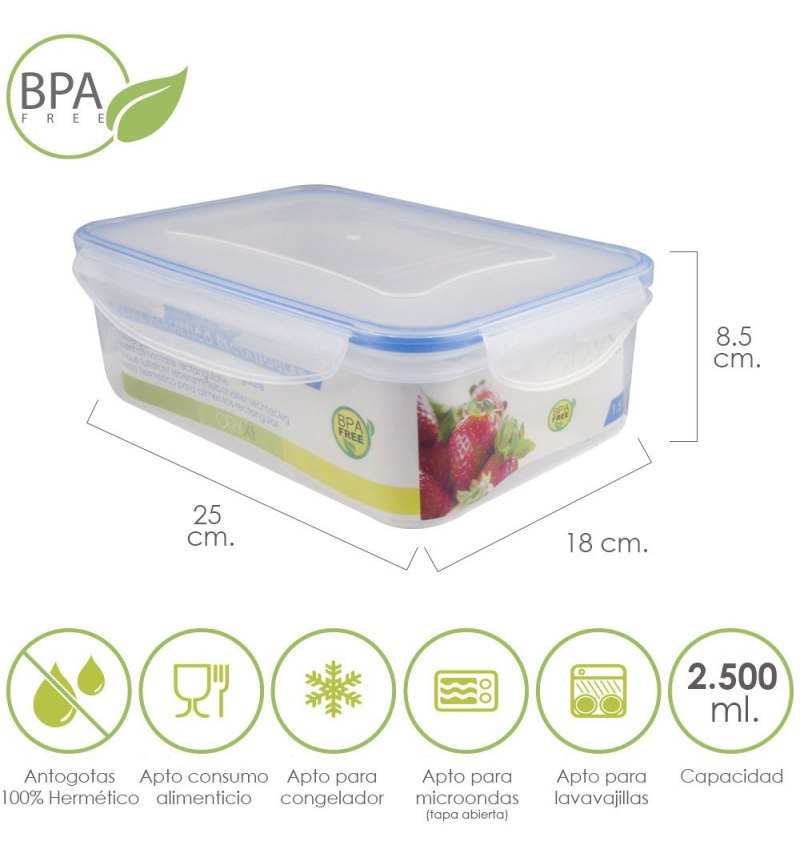 Recipiente Hermetico Plastico Rectangular 2.500 ml. 25x18x8.5 (Alt.) cm.