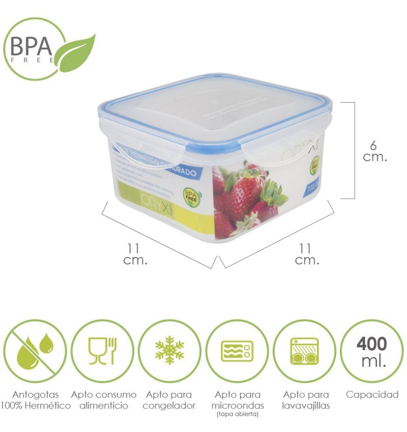 Recipiente Hermetico Plastico Cuadrado 400 ml.  11x11x6 (Alt.) cm.