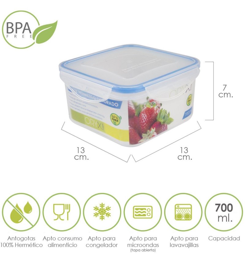 Recipiente Hermetico Plastico Cuadrado 700 ml.  13x13x7 (Alt.) cm.