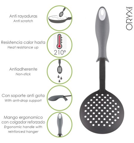 Espumadera Cocina Nylon Con Mango Antigotas Engomado 35 x 11,7 cm.
