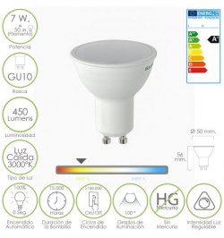 Bombilla Led Dicroica Gu10. 7 W - 50 W Regulable. 450 Lumenes. Luz Calida (3000°K)