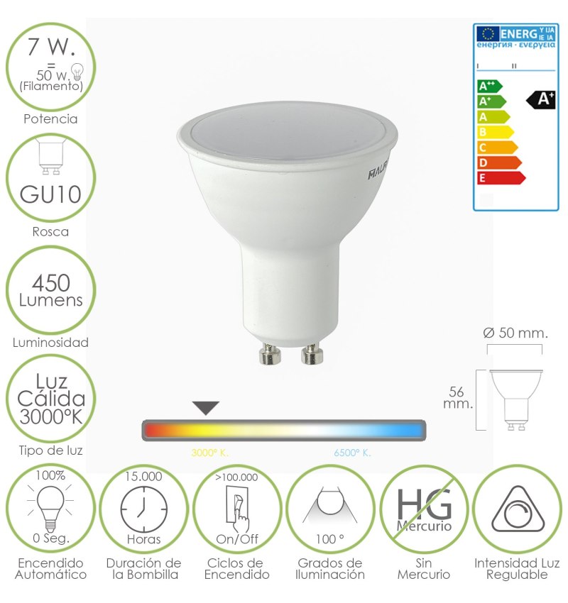 Bombilla Led Dicroica Gu10. 7 W - 50 W Regulable. 450 Lumenes. Luz Calida (3000°K)