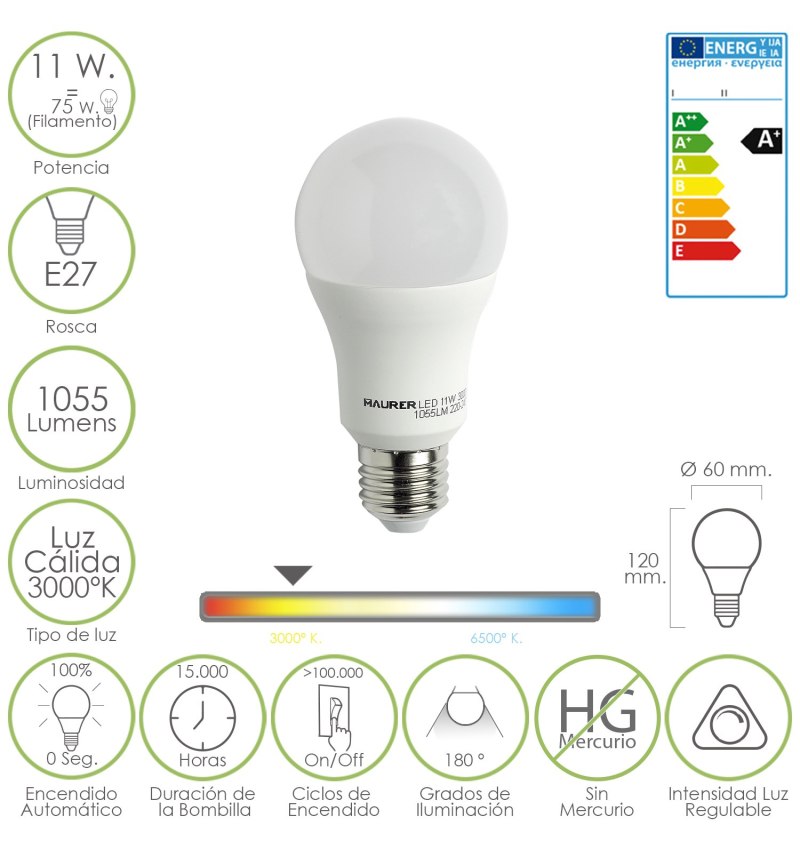 Bombilla Led Standar Regulable E27.  11 W.  75 W. 1055  lúmenes. Luz calida. (3000°K).