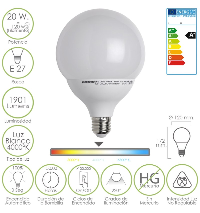 Bombilla Led Globo Rosca E27 20 W.  120 W.  1901 Lúmenes. Luz Blanca (4000 º K.)