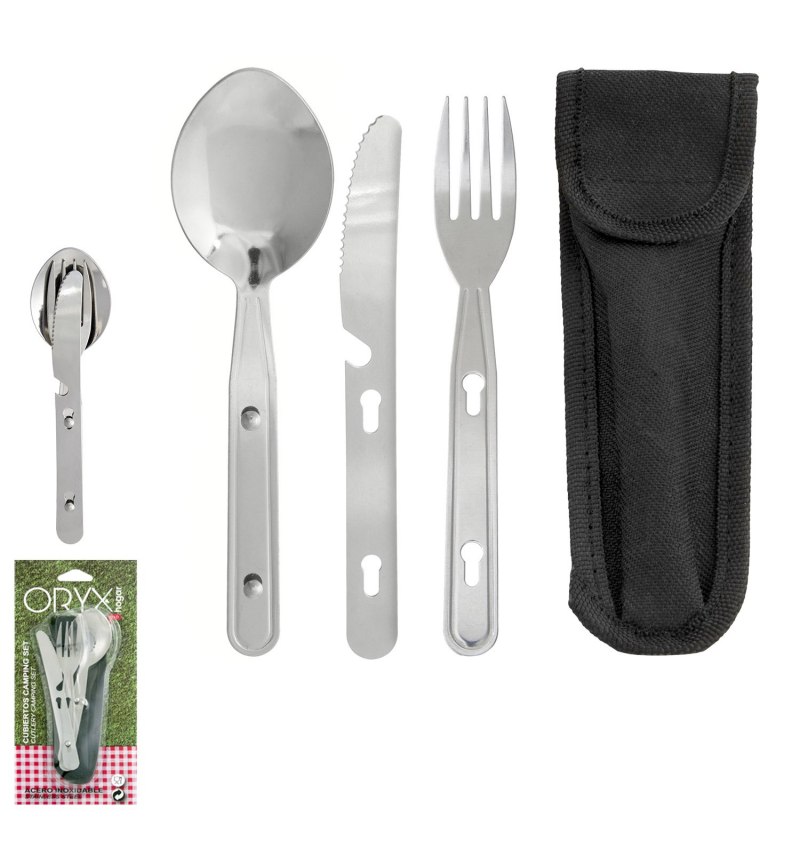 Cubiertos Camping Acero Inoxidable 3 Piezas Con Funda Nylon