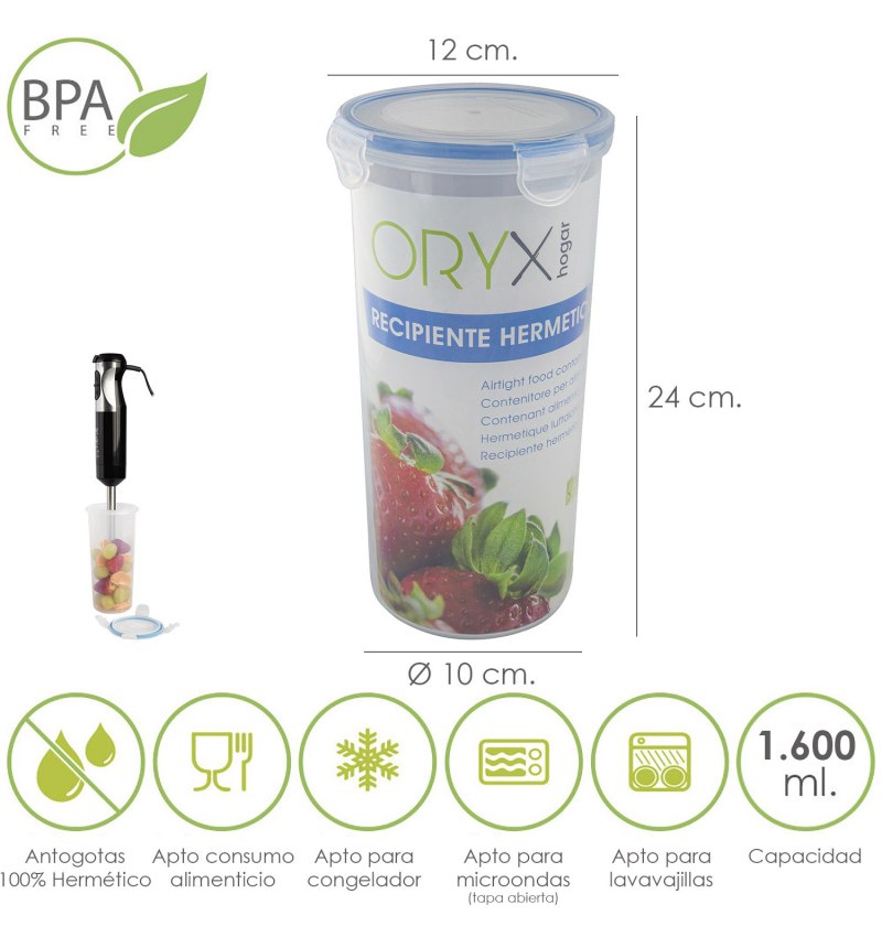 Recipiente Hermetico Plastico Redondo 1.600 ml.  Ø 12 x 24 (Alt.) cm.