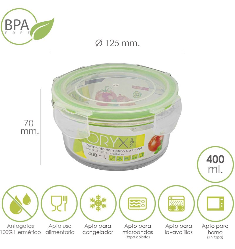 Recipiente Hermetico Cristal Redondo 400 ml. Ø 125 x 7 (alt) cm.