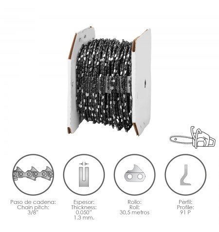 Cadena Motosierra 3/8" / 0.050" 1,3 mm. / 91 P / Rollo 30,5 metros.