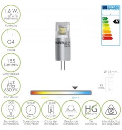 Bombilla Led G4.  1,6 W.  20 W. 185 Lúmenes. Luz Fria (6500ºK.)
