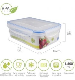 Recipiente Hermetico Plastico Rectangular 1.500 ml. 22x15x7.5 (Alt.) cm.
