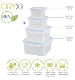 Recipiente Hermetico Plastico Cuadrado 400 ml.  11x11x6 (Alt.) cm.