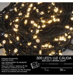 Luces Navidad A Pilas 300 Leds Luz Calida Interior / Exterior (IP44)