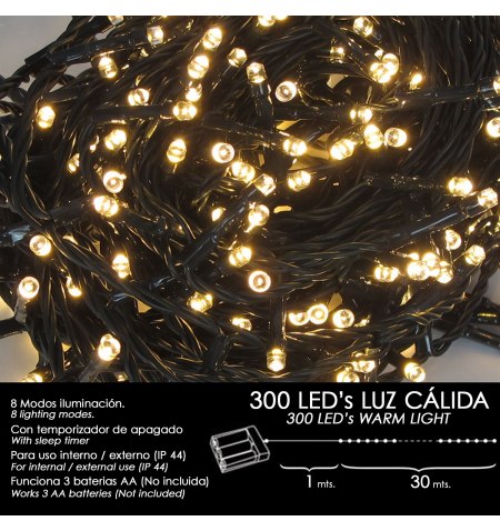 Luces Navidad A Pilas 300 Leds Luz Calida Interior / Exterior (IP44)