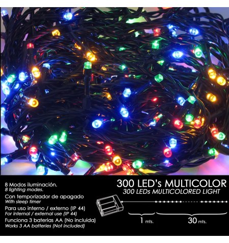 Luces Navidad A Pilas 300 Leds Multicolor Interior / Exterior (IP44)
