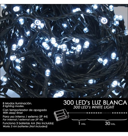 Luces Navidad A Pilas 300 Leds Luz Blanca Interior / Exterior (IP44)