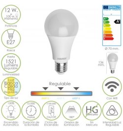 Bombilla Led Wifi E27.  12 W  100 W. 1521 Lúmenes Máx. Luz Cálida / Fria / Blanca Regulable.