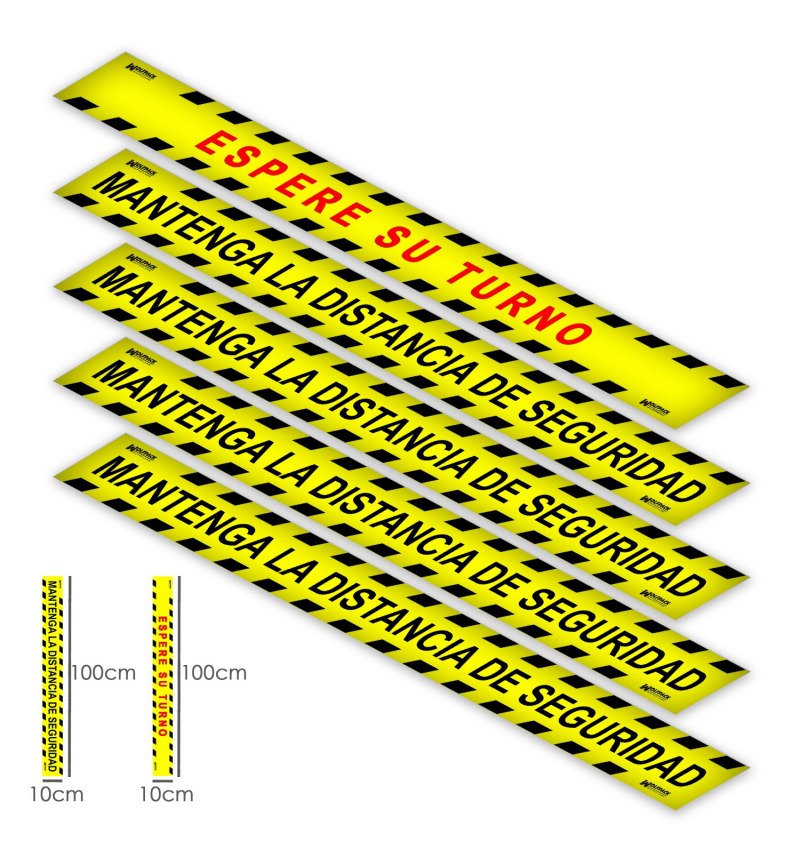 Rotulacion Suelo Distancia Seguridad y Turno. Pegatinas Señalizacion. 5 Unidades Rectangulares, 10 x 100 cm