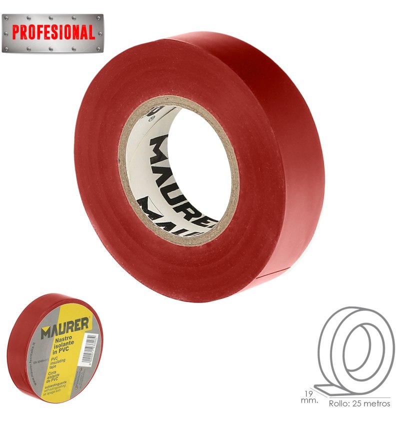Cinta Aislante, PVC, Profesional, 25 metros x 19 mm. x 0,13 mm espesor. Color Roja.
