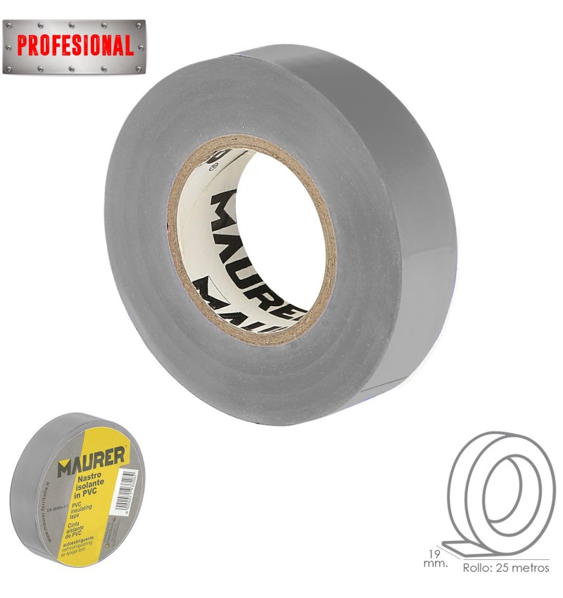 Cinta Aislante, PVC, Profesional, 25 metros x 19 mm. x 0,13 mm espesor. Color Gris