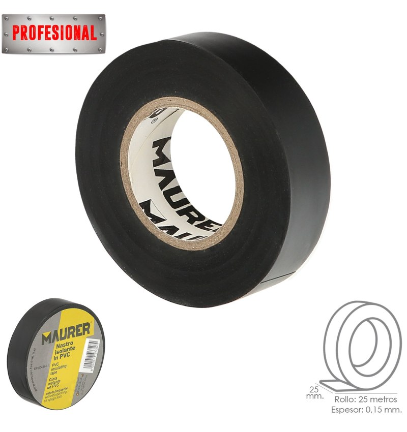 Cinta Aislante, PVC, Profesional, 25 metros x 25 mm. x 0,15 mm espesor. Color Negra