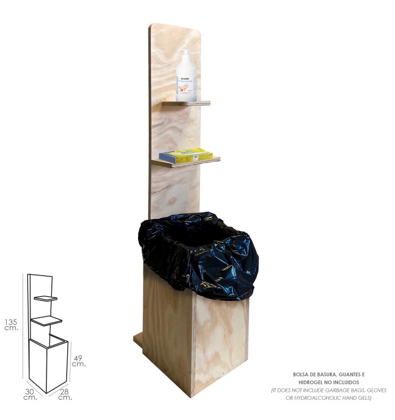 Soporte Madera Contrachapada Con Baldas Para Gel y Guantes, Con Cubo Basura. Altura Total 135 cm.