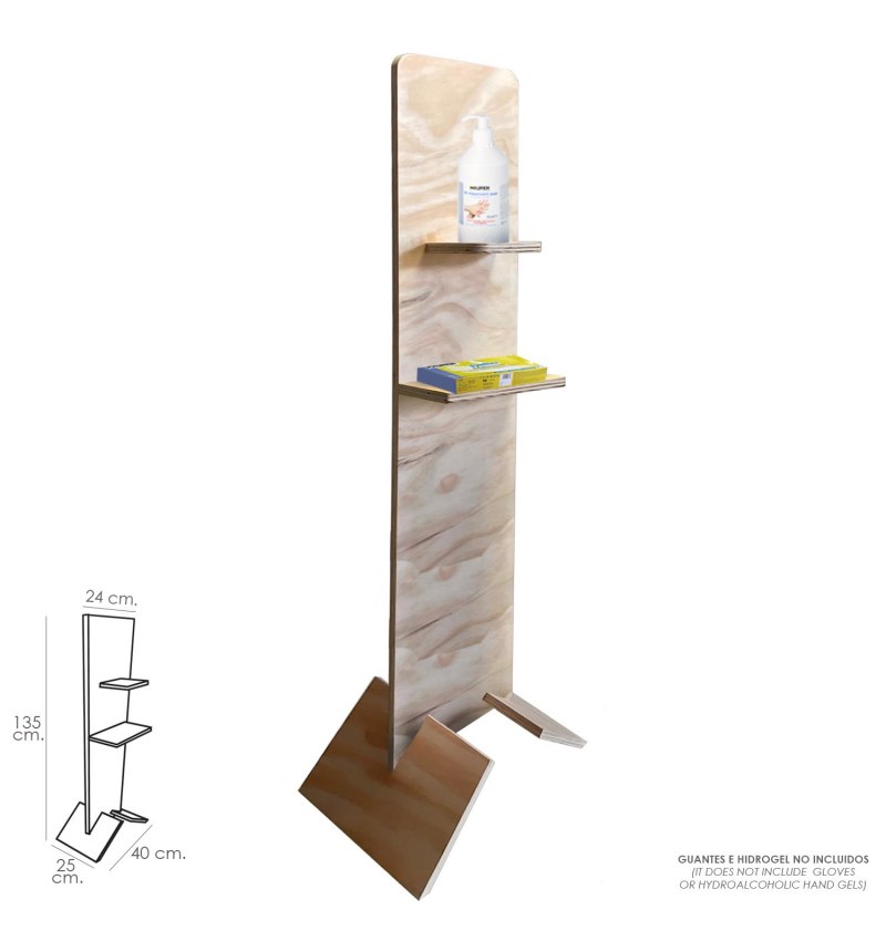 Soporte Madera Contrachapada Con Baldas Para Gel y Guantes. Altura Total 135 cm.