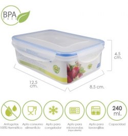 Recipiente Hermetico Plastico Rectangular 240 ml. 12.5x8.5x4.5 (Alt.) cm.