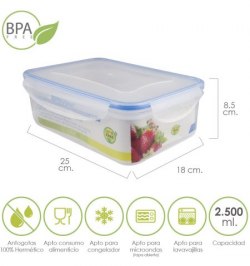 Recipiente Hermetico Plastico Rectangular 2.500 ml. 25x18x8.5 (Alt.) cm.
